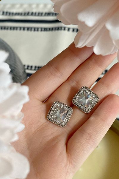 Glaren Minimal Square White Stone Silver Color Evening Dress Women's Earrings