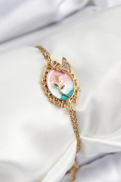 Clariss 316L Steel Chain Enameled Artistic Portrait Zircon Stone Butterfly Detailed Flower Model Gold Color Women's Bi