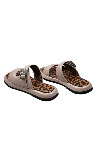 Lady Mia Noya Genuine Leather Buckle Stone Detailed Women's Slippers