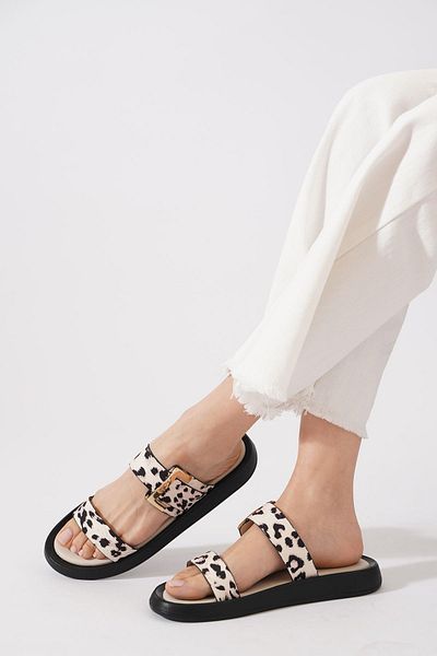 Moda Pie Γυναικείες παντόφλες Destra με διπλή αγκράφα Μπεζ Leopard