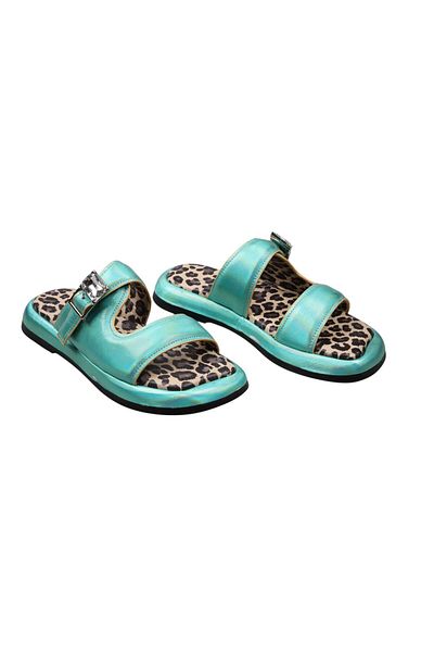 Lady Mia Noya Genuine Leather Buckle Stone Detailed Women's Slippers
