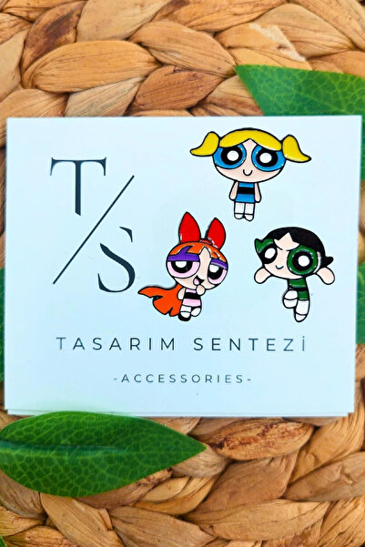 Tasarım Sentezi Rozet Metal Broş 3'lü Powerpuff Girls Bubbles Buttercup Bloss...