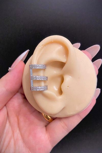 Jaida Moda Silver Zircon Stone 3 Earring Look Holeless Steel Ear Cuff – Compression Cartilage Earring
