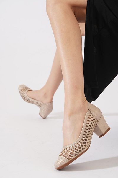 Moda Pie Pantofi cu toc pentru damă Muhriye Laser Glitter Mesh Aur Glitter