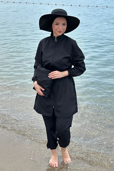 Tesettür Diyarı Zippered Gathered Waist Parachute Fabric Hijab Swimsuit