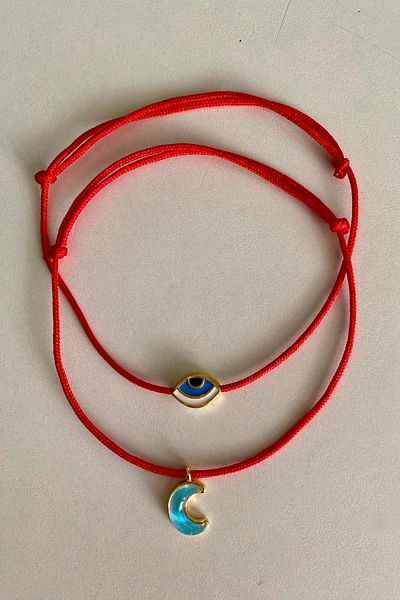 Shepidi 2-Piece Red Rope Anklet with Moon and Eye Figures, Slide Lock Braid