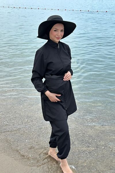 Tesettür Diyarı Zippered Gathered Waist Parachute Fabric Hijab Swimsuit