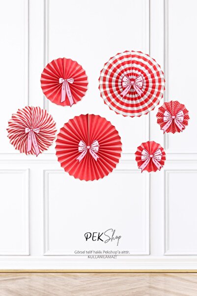 PEKSHOP Fiyonk Süslemeli Kırmızı Beyaz Yelpaze Süs Seti 6lı Fan Duvar Süsü