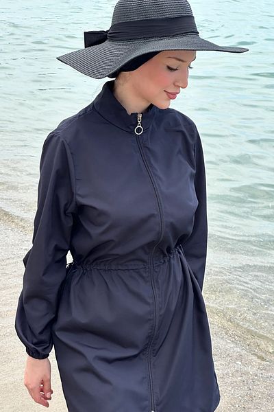 Tesettür Diyarı Zippered Gathered Waist Parachute Fabric Hijab Swimsuit