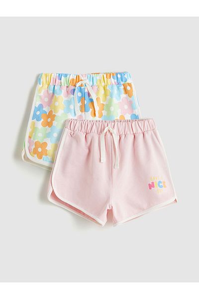 LC Waikiki Floral Girl's Shorts with Elastic Waist, Pack of 2