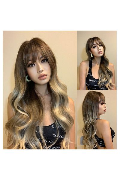 animis beauty Long Ombre Dark Blonde Wig, wavy, natural-looking synthetic fiber, with bangs, 65 cm