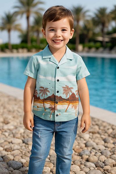 GAMZEAKKUŞ Short Sleeve Printed Shirt, and Jeans 2-Piece Boy's Suit