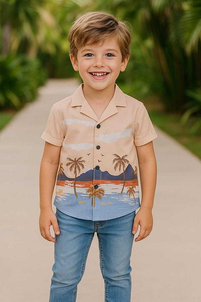 GAMZEAKKUŞ Short Sleeve Printed Shirt, and Jeans 2-Piece Boy's Suit