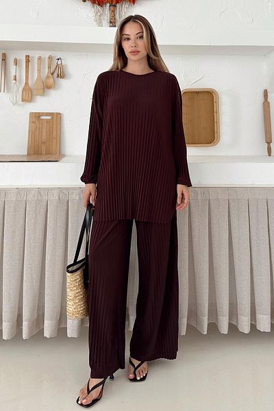 Olcay Sandy Fabric Pleated Tunic Trousers Double Set Brown 9361-Tk