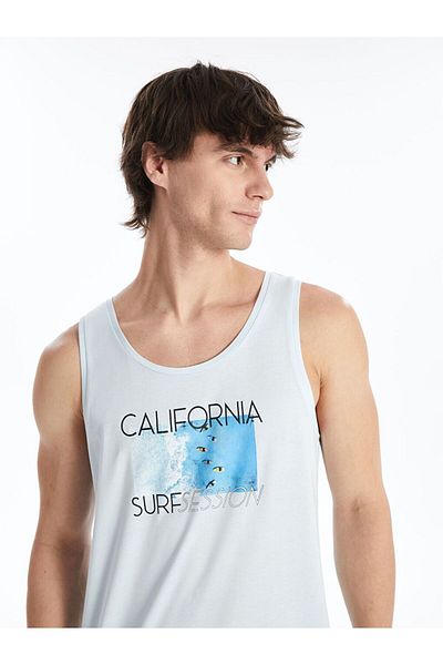 LC Waikiki Blue Crew Neck Printed Combed Cotton Men's Sleeveless T-Shirt