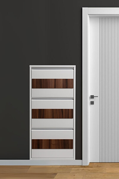 Arinna 3'lü Beyaz Metal Ayakkabılık Ahşap Detaylı