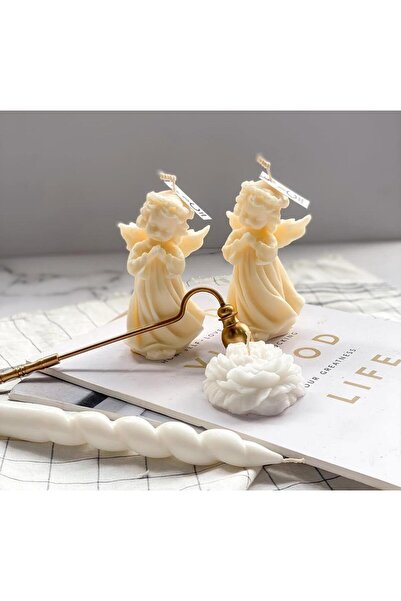 SCA CANDLE Dekoratif Mum Melek +Şamdanlık Mum +Gül Toplam 4 Parça Ev Dekorasyonu