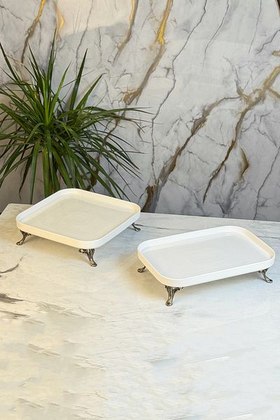 MAY HOME Rectangular Porcelain Antique Pedestal Stand Serving Bowl Set