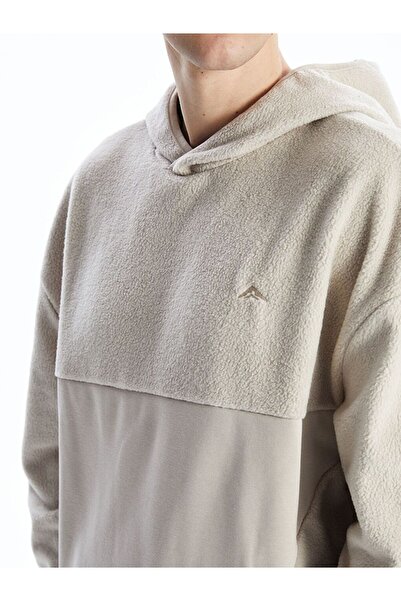 LC Waikiki Γκρι μακρυμάνικο με τύπωμα Fleece ανδρικό φούτερ με κουκούλα