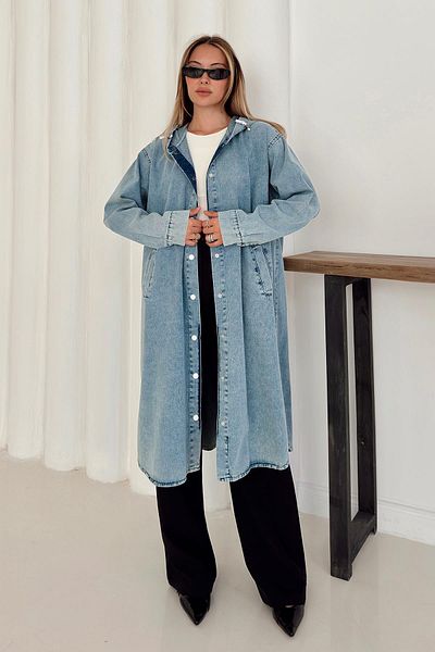 Olcay Șapcă casual din denim cu mânecă scurtă cu glugă ALBASTRU 6770