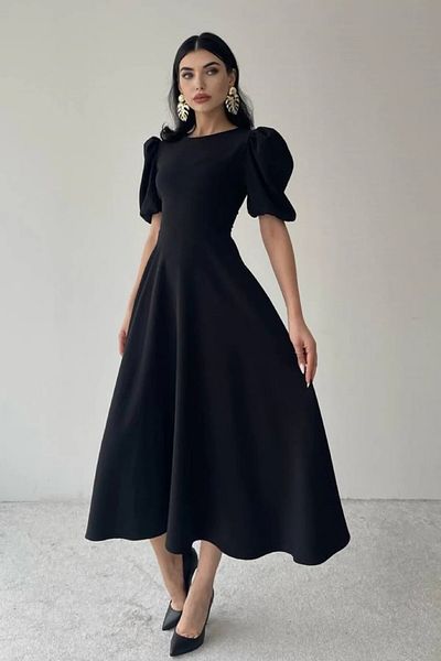 OLSAMODA Women's Balloon Sleeve Skirt Flare Midi Dress