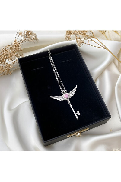 Lorvia قلادة نسائية من الفولاذ باللون الفضي مع شكل قلب مجنح وحجر مفتاح - مجوه...