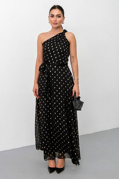 ZISHAN Black Gold Polka Dot One Shoulder Long Evening Dress - Stylish and Elegant Women's Dress 042