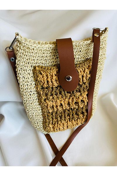 ESDE Beige Color Front Pocket Design Hand Knitted Straw Bag Medium Size