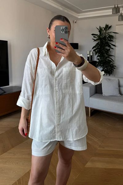 Tuba Butik Linen Blend Shirt Shorts Women's Set