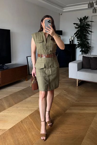 Tuba Butik Belted Linen Mini Dress