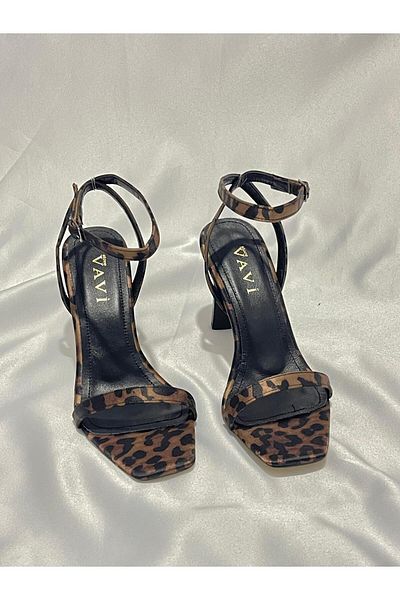 VAVİ STORE Women's Leopard Black Leather Single Strap High Heels