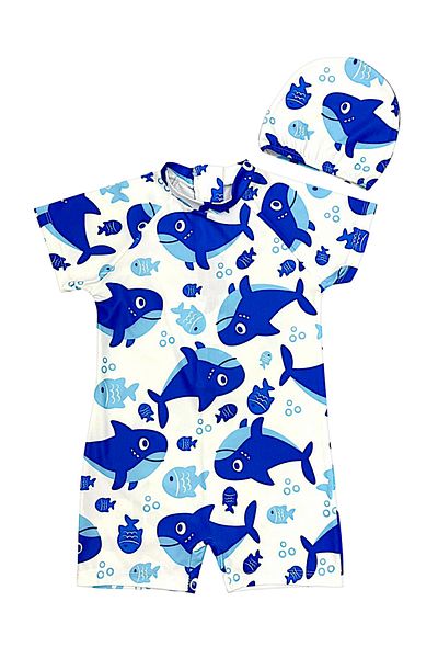Lolliboomkids Boy's Light Blue Color Dinosaur Print Pattern Short Sleeve Swimsuit and Swimming Cap Set