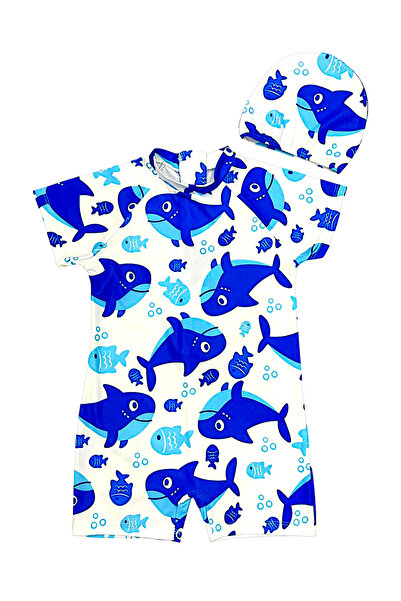 Lolliboomkids Boy's Light Blue Color Dinosaur Print Pattern Short Sleeve Swimsuit and Swimming Cap Set