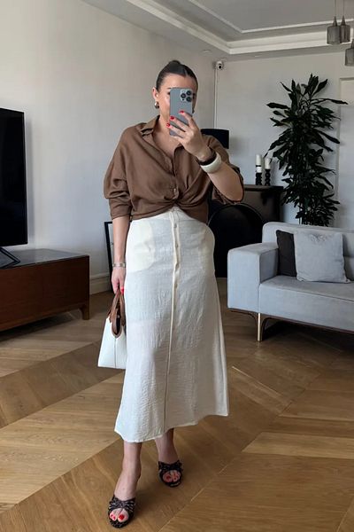 Tuba Butik Linen Blend Buttoned Midi Skirt