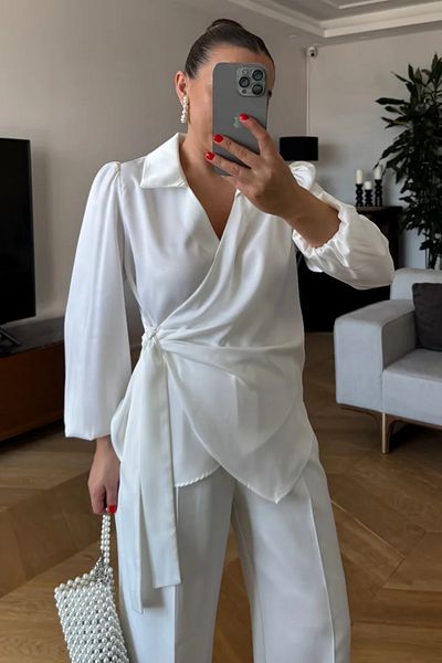Tuba Butik Double Breasted Tie Satin Blouse