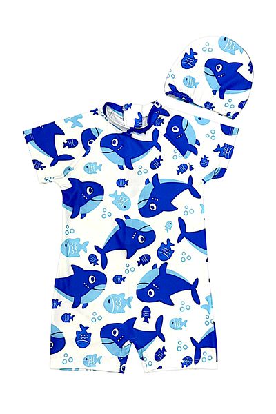 Lolliboomkids Boy's Light Blue Color Dinosaur Print Pattern Short Sleeve Swimsuit and Swimming Cap Set
