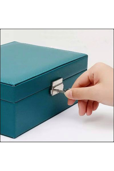 İsdeksan Multi-Purpose Jewelry Box, Green Color, Double Layer, Leather, Keyed Jewelry Organizer