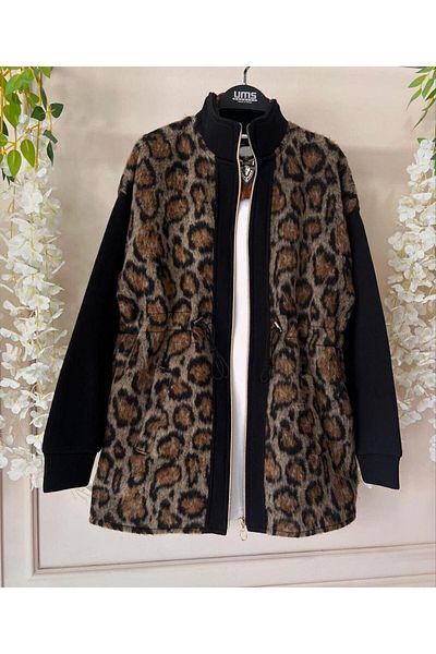 rengamoda Jachetă cu fermoar din țesătură țesătă cu șireturi pentru femei, garnită cu leopard
