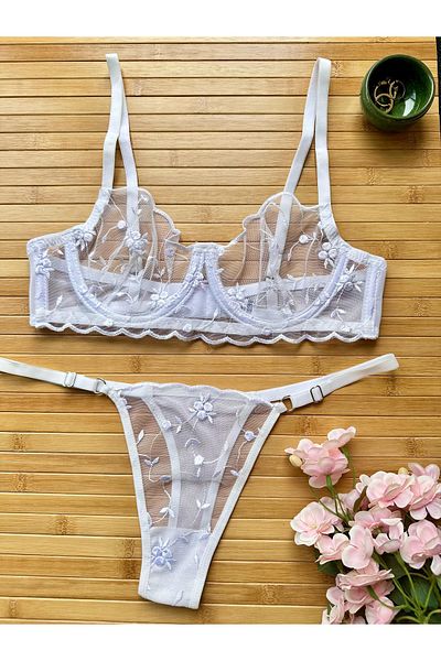 Sevamed White Underwear Set Underwire Cupless Tulle Floral Pattern Bra Set Bra and Thong