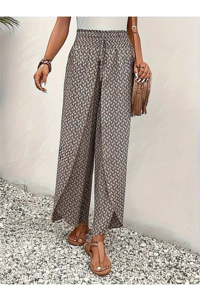 rengamoda Women's High Waist Elastic Patterned Wrinkle Fabric Trousers