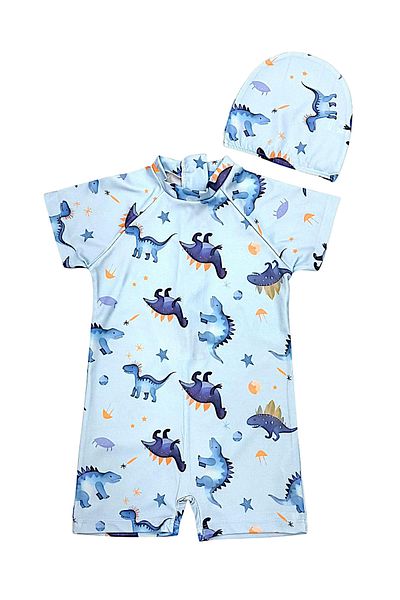 Lolliboomkids Boy's Light Blue Color Dinosaur Print Pattern Short Sleeve Swimsuit and Swimming Cap Set