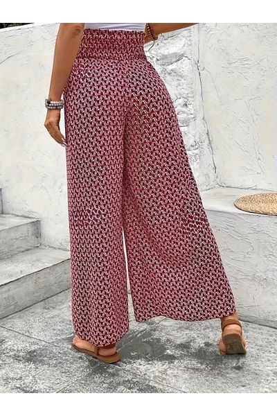 rengamoda Women's High Waist Elastic Patterned Wrinkle Fabric Trousers