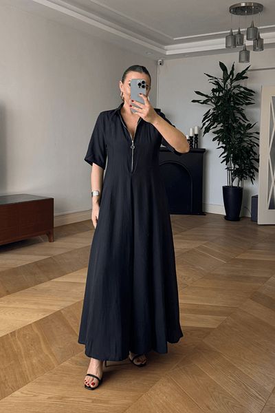 Tuba Butik Zippered Shirt Collar Long Dress