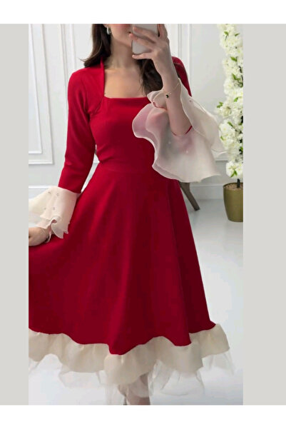 Nice Model Burgundy Midi Evening Dress White Ruffle Sleeves - Elegant Party Formal Cocktail Occasion