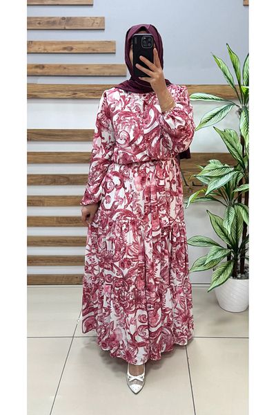 Puane Women's Dusty Rose White Patterned Belted Lined Lined Dress 12636
