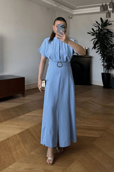 Tuba Butik Bat Sleeve Belted Long Dress