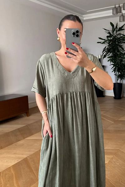 Tuba Butik V-Neck Short Sleeve Long Dress