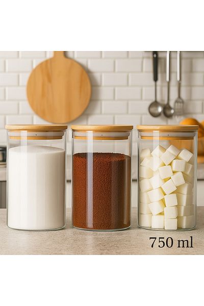 CİHO Set of 3 Glass Bamboo Lid Tea Sugar Coffee Salt Storage Jar Kitchen Storage Jar 750 ml