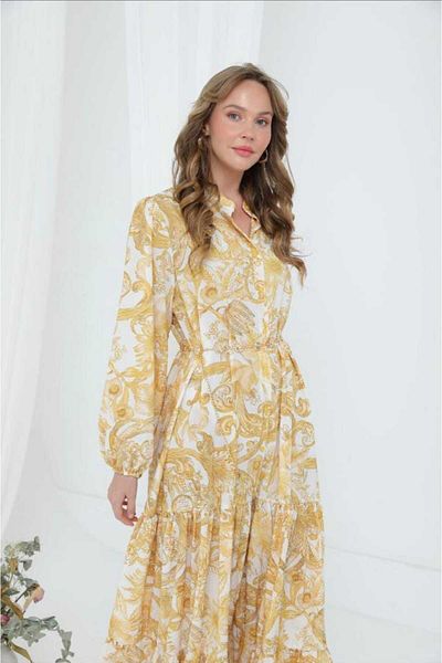 Puane Women's Yellow Colored Patterned Belted Lined Lined Dress 12636