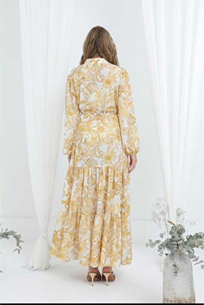 Puane Kadın Sarı Renkli Desenli Kuşaklı Astarlı Astarlı Elbise 12636